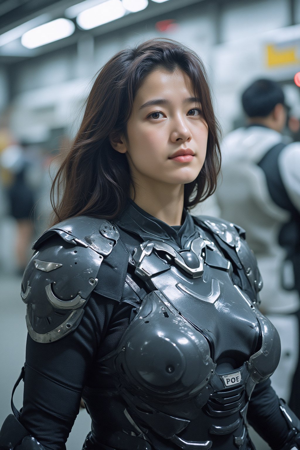 A Korean girl wearing a sexy mecha armour. High-resolution Film photo taken in a future war.