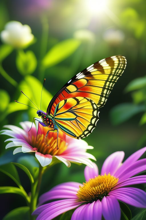 A vibrant close-up of a colorful butterfly, its wings spread delicately, resting on a blooming flower in a lush garden. The scene is bathed in soft, natural sunlight, highlighting the intricate patterns on the butterfly's wings and the delicate petals of the flower. The composition is centered, focusing on the interaction between the butterfly and the flower, capturing a serene moment in nature.