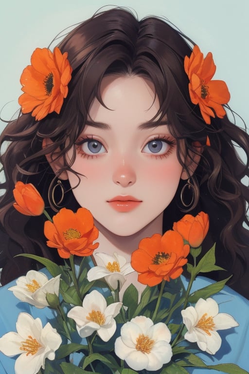 A captivating digital art portrait of a beautiful girl surrounded by a vibrant array of flowers. Her wavy, dark hair frames her face, blending seamlessly with the floral elements around her. The flowers, in shades of orange, blue, and white, create a striking contrast against her pale skin. She gazes directly at the viewer with an intense,