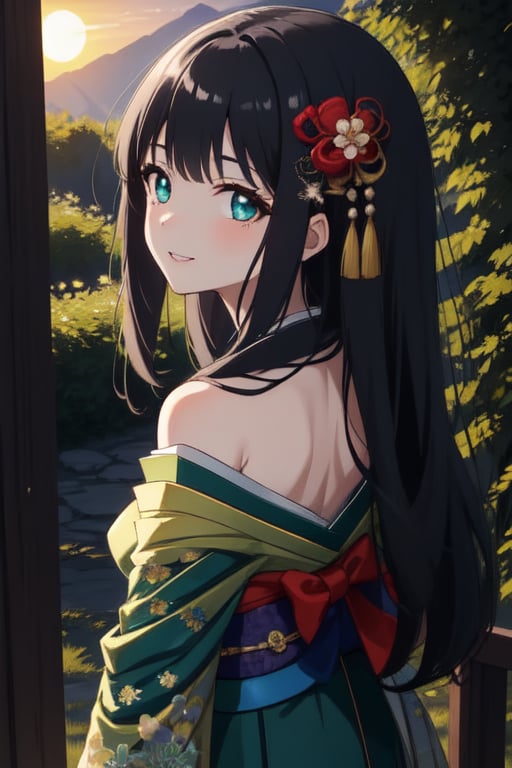 A serene Japanese maiden stands alone amidst a lush, verdant backdrop. Her long, raven-black locks cascade down her back, adorned with a traditional hair ornament that catches the soft, warm light of the setting sun. Her bangs frame her heart-shaped face, where a subtle, enigmatic smile plays on her lips. Her eyes, like polished black jewels, seem to hold a secret as she gazes directly at the viewer. A delicate hair flower is nestled among her tresses, adding a touch of whimsy to her demure kimono-clad figure. The sash that cinches her waist is a vibrant splash of color against the muted tones of her outdoor surroundings.(masterpiece:1.4), Best Quality, 16k, ultra-detailed, finely detailed, high resolution, perfect dynamic composition ,detailed eyes, detailed background ,depth of fields ,perfect proportion ,hyperdetailing skin, cinematic lighting, green dress