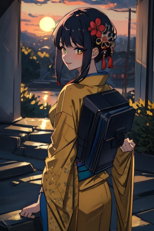 A serene Japanese maiden stands alone amidst a lush, verdant backdrop. Her long, raven-black locks cascade down her back, adorned with a traditional hair ornament that catches the soft, warm light of the setting sun. Her bangs frame her heart-shaped face, where a subtle, enigmatic smile plays on her lips. Her eyes, like polished black jewels, seem to hold a secret as she gazes directly at the viewer. A delicate hair flower is nestled among her tresses, adding a touch of whimsy to her demure kimono-clad figure. The sash that cinches her waist is a vibrant splash of color against the muted tones of her outdoor surroundings.(masterpiece:1.4), Best Quality, 16k, ultra-detailed, finely detailed, high resolution, perfect dynamic composition ,detailed eyes, detailed background ,depth of fields ,perfect proportion ,hyperdetailing skin, cinematic lighting, yellow dressm sunset