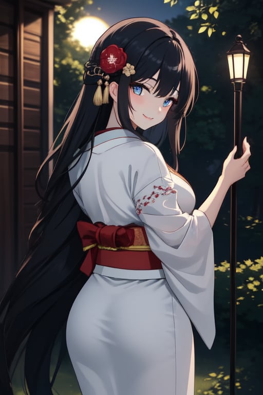 A serene Japanese maiden stands alone amidst a lush, verdant backdrop. Her long, raven-black locks cascade down her back, adorned with a traditional hair ornament that catches the soft, warm light of the setting sun. Her bangs frame her heart-shaped face, where a subtle, enigmatic smile plays on her lips. Her eyes, like polished black jewels, seem to hold a secret as she gazes directly at the viewer. A delicate hair flower is nestled among her tresses, adding a touch of whimsy to her demure kimono-clad figure. The sash that cinches her waist is a vibrant splash of color against the muted tones of her outdoor surroundings.(masterpiece:1.4), Best Quality, 16k, ultra-detailed, finely detailed, high resolution, perfect dynamic composition ,detailed eyes, detailed background ,depth of fields ,perfect proportion ,hyperdetailing skin, cinematic lighting, white dress