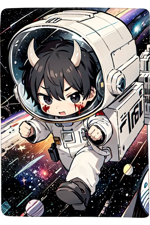 1boy, among us, black astronaut suit, black hair, black eyes, helmet, transparent helmet, holding bloody knife, in space ship, black horns, chibi,
is running