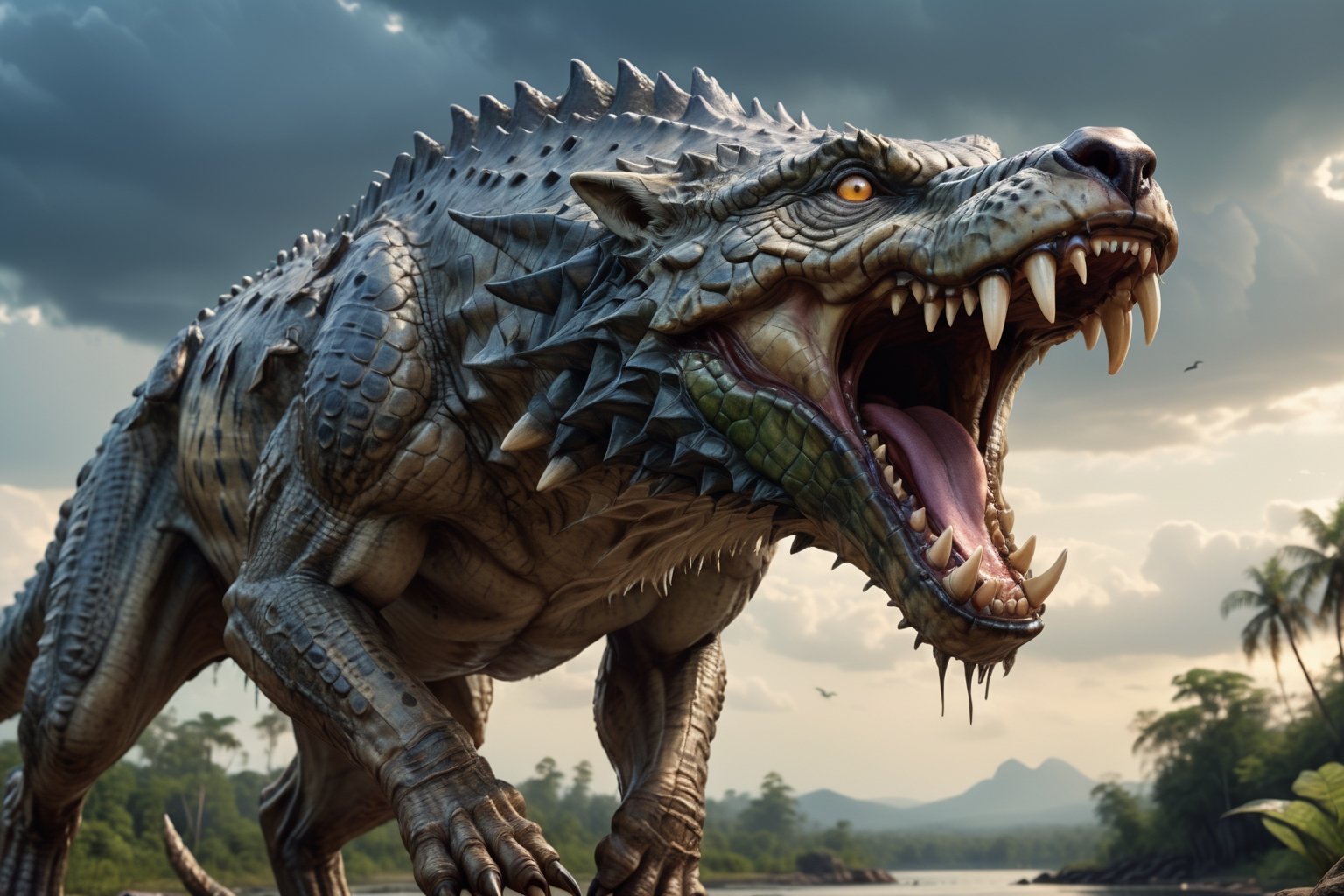 a hybrid of a wolf and a crocodile,  scaly skin,  saber-toothed fangs by Герман on Tensor.Art