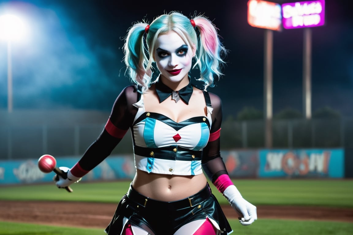 (Raw Photo:1.3) of (Ultra detailed:1.3) Harley Quinn from DC comics, dark pink and sky-blue hair, clowncore, dc comics, layered mesh, stripes and shapes, Wearing a white and black schoolgirl uniform, Carnival Background at night, collar with large Joker charm, holding a bowling pin, running/sprinting toward the camera, bare midriff