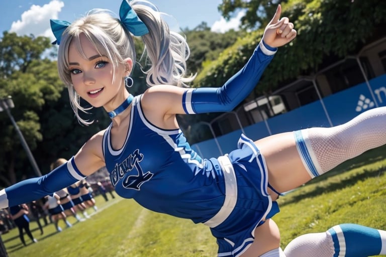 Anime, cheerleader, Finnish girl, small breasts, tight outfit, cute face, detailed blue eyes, (Silver-Blue cheerleader outfit), outside, grassy, detailed, animated, fictional animation, inviting smile, butt cheeks, make up, eye liner, pony tails, Blonde-blue multicolor hair, choker necklace, earrings, jumping, Lions logo, perfect face, perfect eyes, perfect nose, short hair, blonde hair, blonde hair, blue hair, white thigh high socks, full body