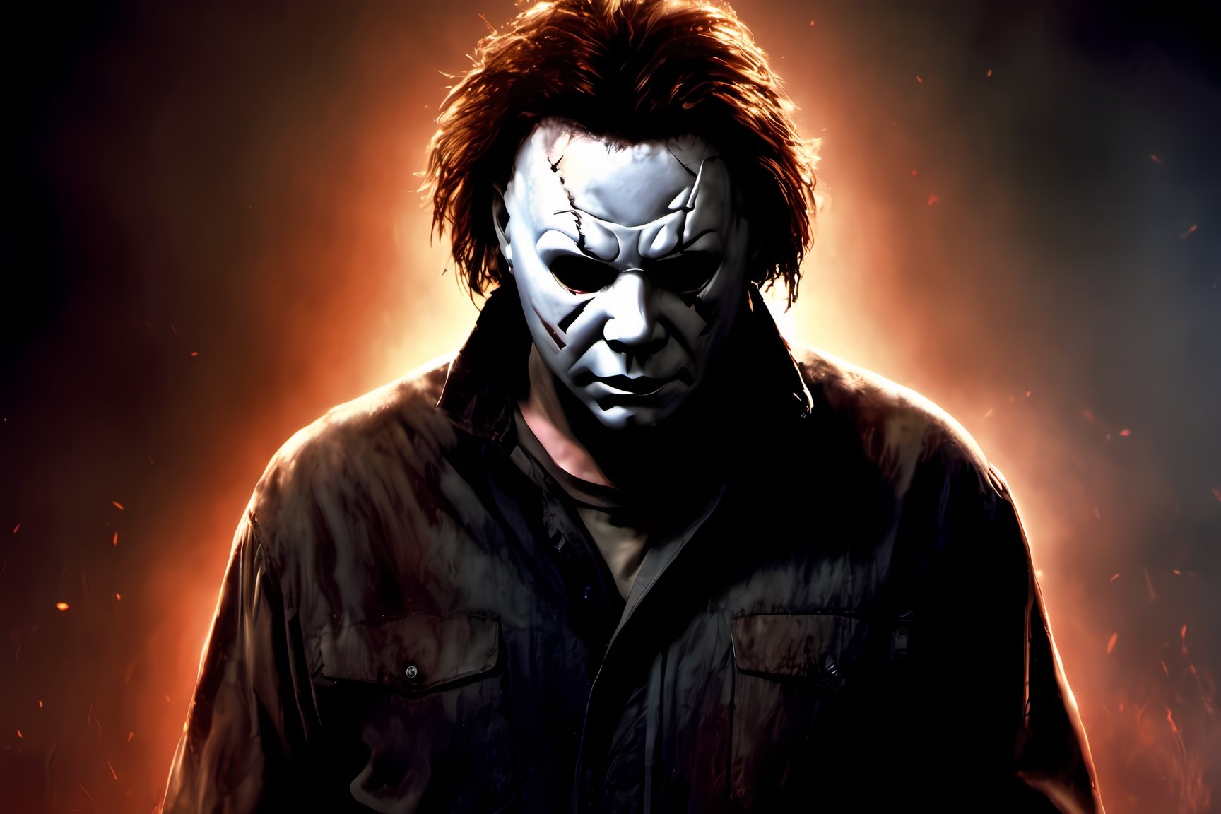 Michael Myers from the movie Halloween, plain mask, emotionless expression, messy hair, high quality, haunted house background, CryingBlood,flmngprsn