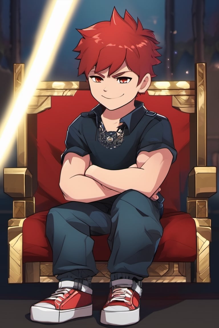 1boy, husky, large muscles, muscular, red hair, fists, clothes writing, full body, throne room, warrior, looking at viewer, male child, male focus, pants, shadow, shirt, shoes, short sleeves, smile, solo, spiked hair, wristband 