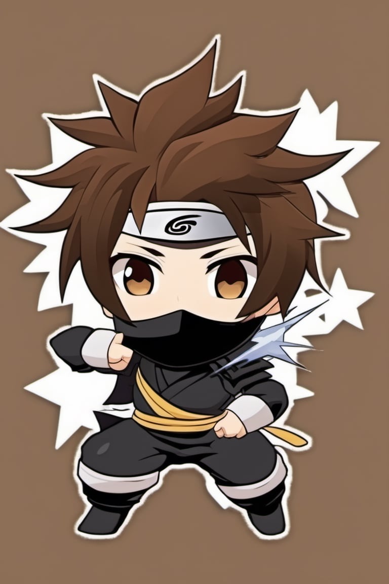 Chibi Style,  ninja,  storm effect,  best quality, brown hair, punching, mountain top, short hair