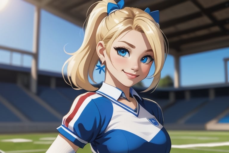 Anime, cheerleader, Finnish girl, small breasts, tight outfit, cute face, detailed blue eyes, (Silver-Blue cheerleader dress), football field, detailed, animated, fictional animation, inviting smile, butt cheeks, make up, eye liner, pony tails, Blonde-blue multicolor hair, choker necklace, earrings, jumping, Lions logo, perfect face, perfect eyes, perfect nose, short hair, blonde hair, blonde hair, blue hair, white thigh high socks, full body