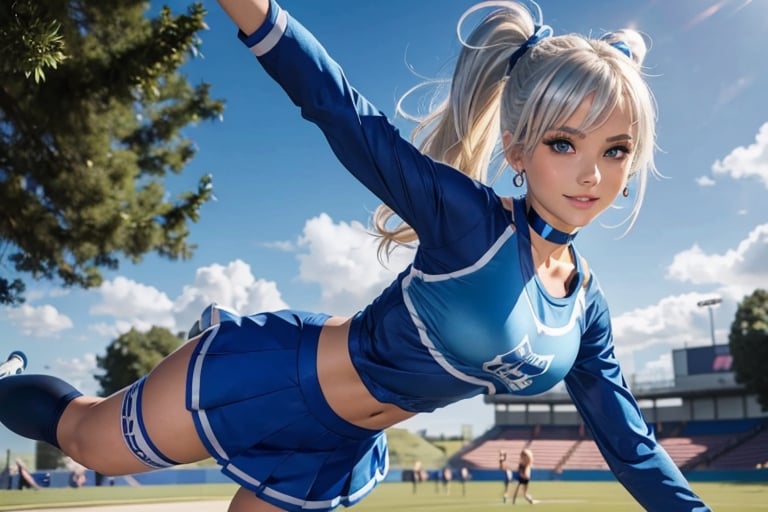 Anime, cheerleader, Finnish girl, small breasts, tight outfit, cute face, detailed blue eyes, (Silver-Blue sexy cheerleader outfit), outside, grassy, detailed, animated, fictional animation, inviting smile, butt cheeks, make up, eye liner, pony tails, Blonde-blue multicolor hair, choker necklace, earrings, jumping, Lions logo, perfect face, perfect eyes, perfect nose, short hair, blonde hair, blonde hair, blue hair, thigh high socks, full body