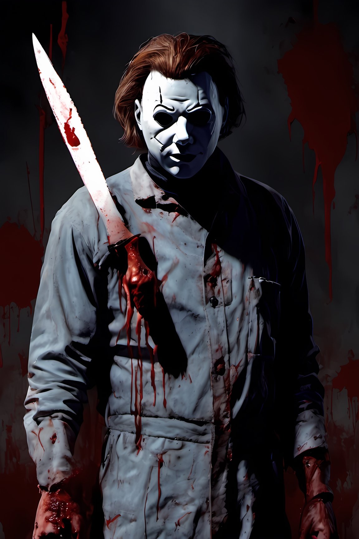 Michael Myers from the movie Halloween, plain mask,emotionless expression,messy hair, high quality, haunted house background, CryingBlood, blood, (holding a butchers knife covered in blood)