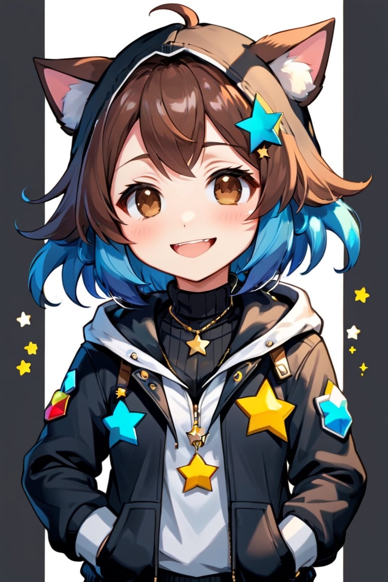 chibi, stickers,  1girl, solo, blush, smile, brown hair, shirt, jewelry, blue hair, jacket, upper body, earrings, teeth, dark skin, hood, necklace, star (symbol), female, hoodie, turtleneck, hooded jacket, black sweater, anthro, poke-balls
