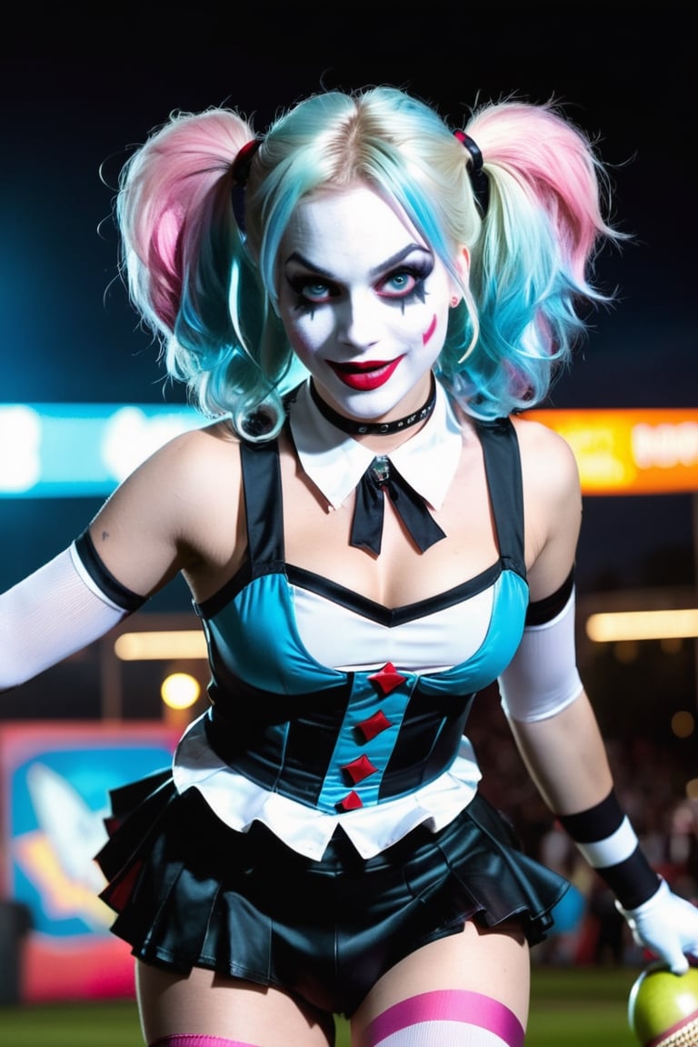 (Raw Photo:1.3) of (Ultra detailed:1.3) Harley Quinn from DC comics, dark pink and sky-blue hair, clowncore, dc comics, layered mesh, stripes and shapes, Wearing a white and black schoolgirl uniform, Carnival Background at night, collar with large Joker charm, holding a bowling pin, running/sprinting toward the camera,OHWX