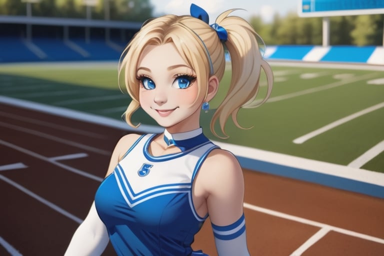 Anime, cheerleader, Finnish girl, small breasts, tight outfit, cute face, detailed blue eyes, (Silver-Blue cheerleader dress), football field, detailed, animated, fictional animation, inviting smile, butt cheeks, make up, eye liner, pony tails, Blonde-blue multicolor hair, choker necklace, earrings, jumping, Lions logo, perfect face, perfect eyes, perfect nose, short hair, blonde hair, blonde hair, blue hair, white thigh high socks, full body