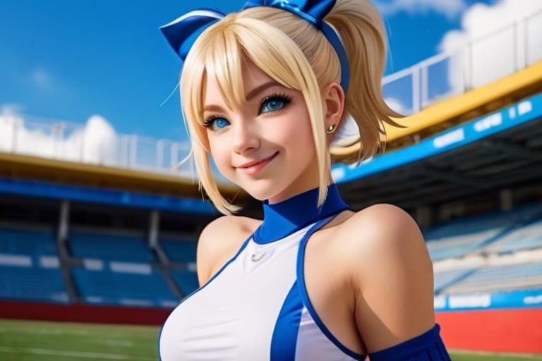 Anime, cheerleader, Finnish girl, small breasts, tight outfit, cute face, detailed blue eyes, (Silver-Blue cheerleader dress), football field, detailed, animated, fictional animation, inviting smile, butt cheeks, make up, eye liner, pony tails, Blonde-blue multicolor hair, choker necklace, earrings, jumping, Lions logo, perfect face, perfect eyes, perfect nose, short hair, blonde hair, blonde hair, blue hair, white thigh high socks, full body