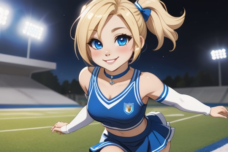 Anime, cheerleader, Finnish girl, small breasts, tight outfit, cute face, detailed blue eyes, (Silver-Blue cheerleader dress), football field, detailed, animated, fictional animation, inviting smile, butt cheeks, make up, eye liner, pony tails, Blonde-blue multicolor hair, choker necklace, earrings, jumping, Lions logo, perfect face, perfect eyes, perfect nose, short hair, blonde hair, blonde hair, blue hair, white thigh high socks, full body