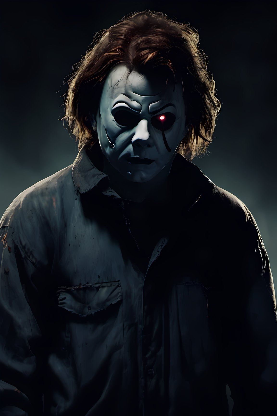 Michael Myers from the movie Halloween, plain mask,emotionless expression,messy hair, high quality, haunted house background, CryingBlood,