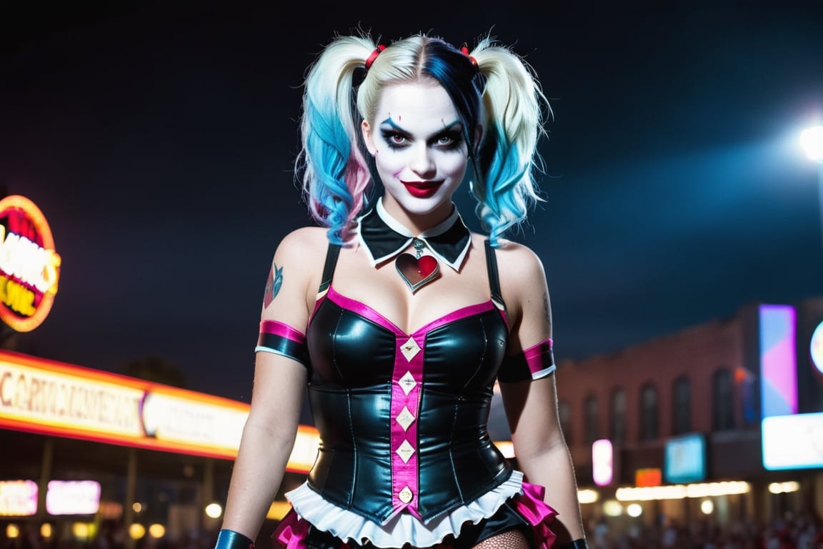 (Raw Photo:1.3) of (Ultra detailed:1.3) Harley Quinn from DC comics, dark pink and sky-blue hair, clowncore, dc comics, layered mesh, stripes and shapes, Wearing a white and black schoolgirl uniform, Carnival Background at night, collar with large Joker charm, holding a bowling pin, running/sprinting toward the camera, bare midriff