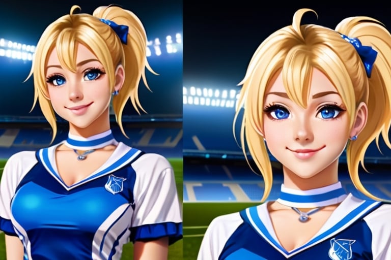 Anime, cheerleader, Finnish girl, small breasts, tight outfit, cute face, detailed blue eyes, (Silver-Blue cheerleader dress), football field, detailed, animated, fictional animation, inviting smile, butt cheeks, make up, eye liner, pony tails, Blonde-blue multicolor hair, choker necklace, earrings, jumping, Lions logo, perfect face, perfect eyes, perfect nose, short hair, blonde hair, blonde hair, blue hair, white thigh high socks, full body