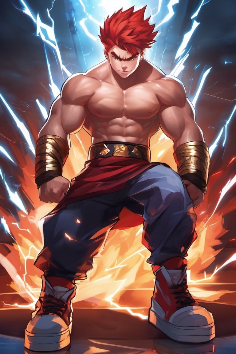 1boy, husky, large muscles, muscular, red hair, fists, clothes writing, full body, throne room, warrior, looking at viewer, male child, male focus, pants, shadow, shirt, shoes, short sleeves, smile, solo, spiked hair, wristband, storm effect, lightning
