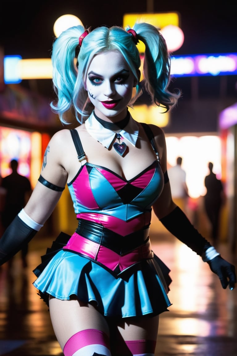 (Raw Photo:1.3) of (Ultra detailed:1.3) Harley Quinn from DC comics, dark pink and sky-blue hair, clowncore, dc comics, layered mesh, stripes and shapes, Wearing a white and black schoolgirl uniform, Carnival Background at night, collar with large Joker charm, holding a bowling pin, running/sprinting toward the camera, bare midriff