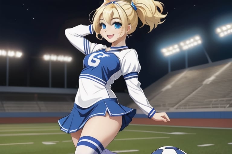 Anime, cheerleader, Finnish girl, small breasts, tight outfit, cute face, detailed blue eyes, (Silver-Blue cheerleader dress), football field, detailed, animated, fictional animation, inviting smile, butt cheeks, make up, eye liner, pony tails, Blonde-blue multicolor hair, choker necklace, earrings, jumping, Lions logo, perfect face, perfect eyes, perfect nose, short hair, blonde hair, blonde hair, blue hair, white thigh high socks, full body