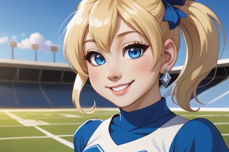 Anime, cheerleader, Finnish girl, small breasts, tight outfit, cute face, detailed blue eyes, (Silver-Blue cheerleader dress), football field, detailed, animated, fictional animation, inviting smile, butt cheeks, make up, eye liner, pony tails, Blonde-blue multicolor hair, choker necklace, earrings, jumping, Lions logo, perfect face, perfect eyes, perfect nose, short hair, blonde hair, blonde hair, blue hair, white thigh high socks, full body