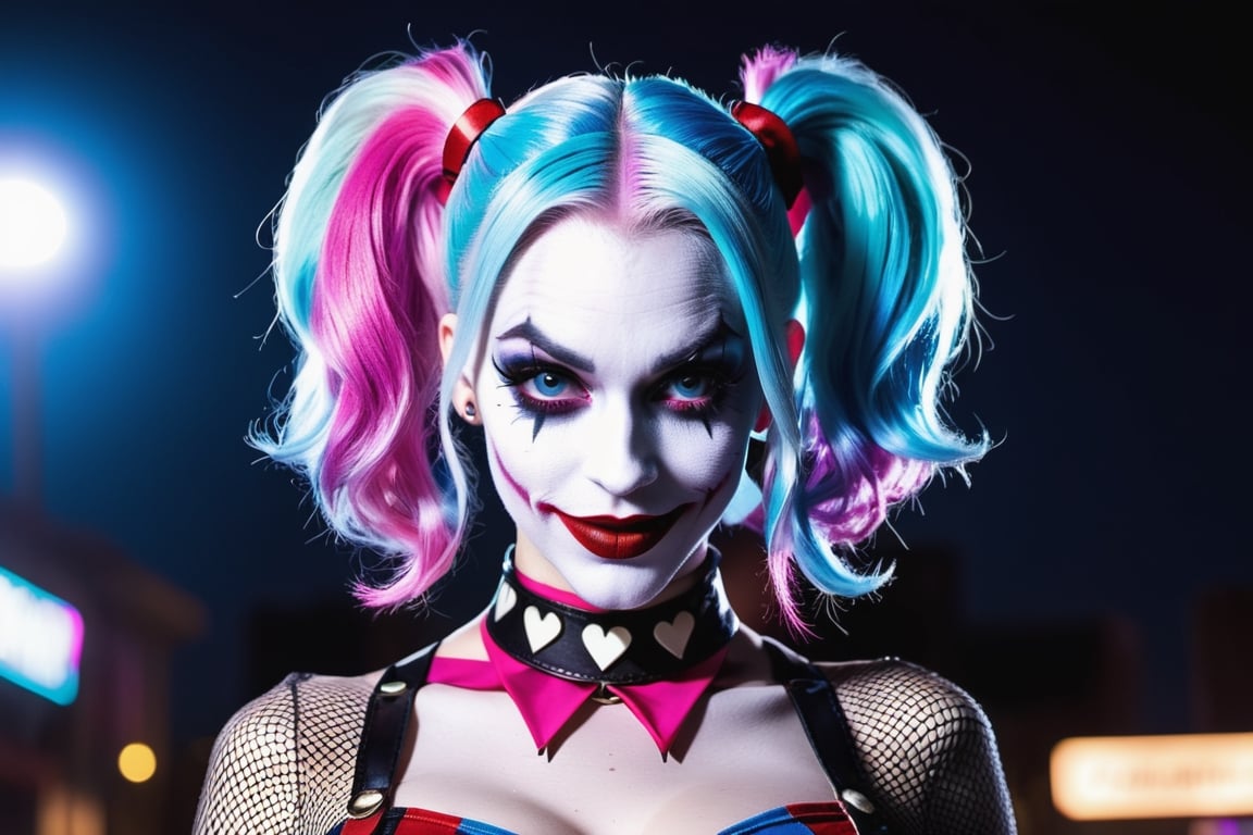 (Raw Photo:1.3) of (Ultra detailed:1.3) Harley Quinn from DC comics, dark pink and sky-blue hair, clowncore, dc comics, layered mesh, stripes and shapes, carnivalcore, Carnival Background at night, collar with large Joker charm, holding a jokers card in her teeth