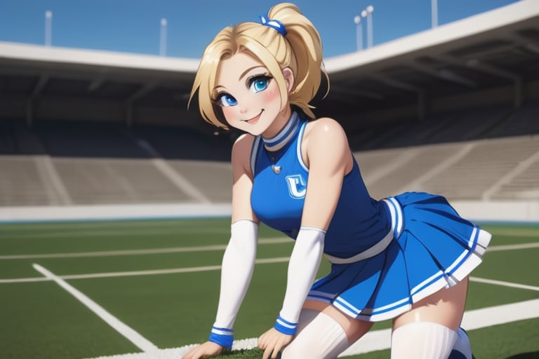 Anime, cheerleader, Finnish girl, small breasts, tight outfit, cute face, detailed blue eyes, (Silver-Blue cheerleader dress), football field, detailed, animated, fictional animation, inviting smile, butt cheeks, make up, eye liner, pony tails, Blonde-blue multicolor hair, choker necklace, earrings, jumping, Lions logo, perfect face, perfect eyes, perfect nose, short hair, blonde hair, blonde hair, blue hair, white thigh high socks, full body