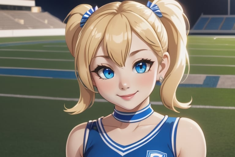 Anime, cheerleader, Finnish girl, small breasts, tight outfit, cute face, detailed blue eyes, (Silver-Blue cheerleader dress), football field, detailed, animated, fictional animation, inviting smile, butt cheeks, make up, eye liner, pony tails, Blonde-blue multicolor hair, choker necklace, earrings, jumping, Lions logo, perfect face, perfect eyes, perfect nose, short hair, blonde hair, blonde hair, blue hair, white thigh high socks, full body