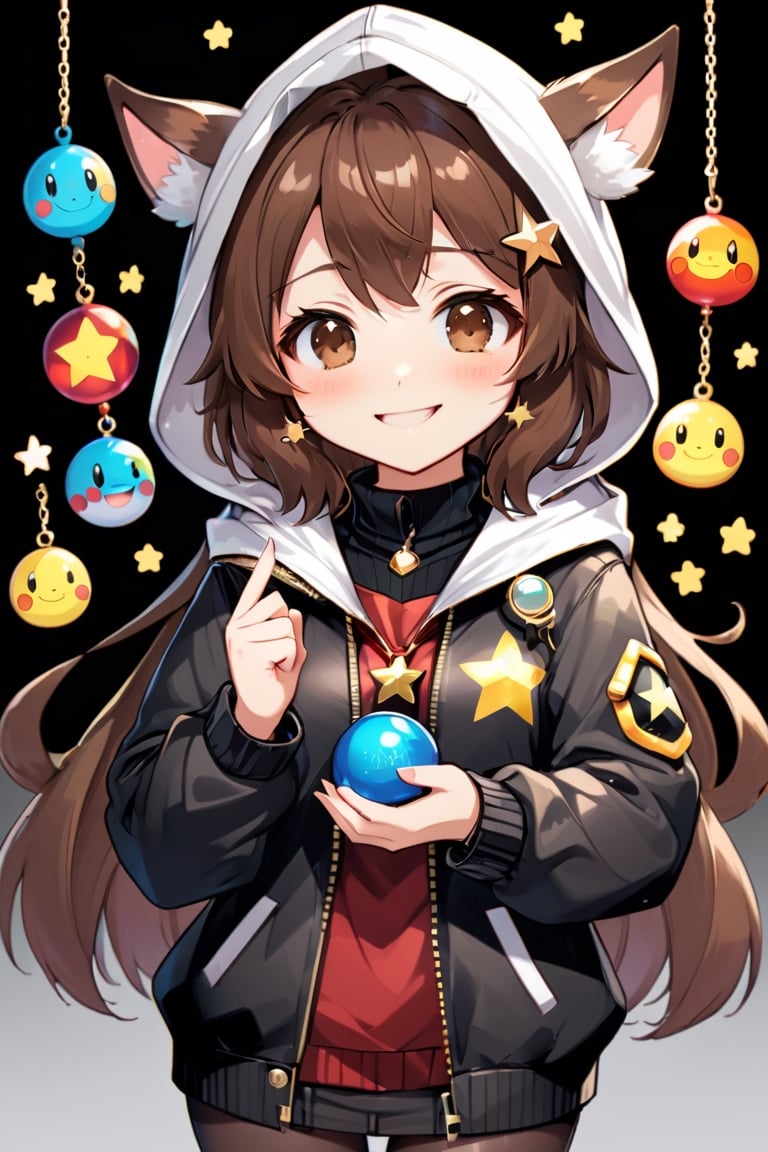 chibi, stickers,  1girl, solo, blush, smile, brown hair, shirt, jewelry, jacket, upper body, earrings, teeth, dark skin, hood, necklace, star (symbol), female, hoodie, turtleneck, hooded jacket, black sweater, anthro, holding poke-balls
