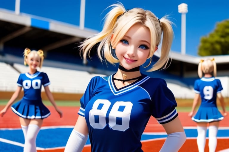 Anime, cheerleader, Finnish girl, small breasts, tight outfit, cute face, detailed blue eyes, (Silver-Blue cheerleader dress), football field, detailed, animated, fictional animation, inviting smile, butt cheeks, make up, eye liner, pony tails, Blonde-blue multicolor hair, choker necklace, earrings, jumping, Lions logo, perfect face, perfect eyes, perfect nose, short hair, blonde hair, blonde hair, blue hair, white thigh high socks, full body