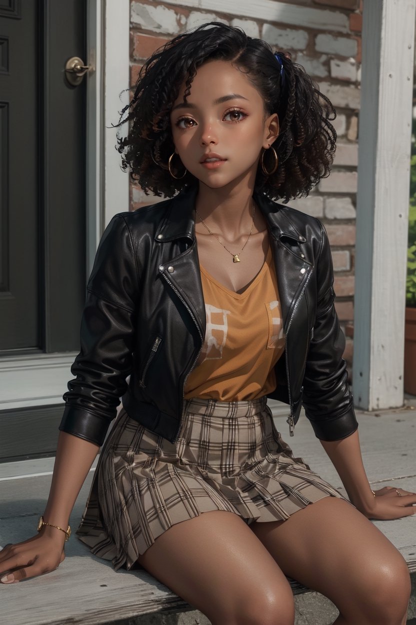 A stunning black model sits on a porch,  she is wearing a pleated plaid skirt and leather bomber jacket with a solid color...