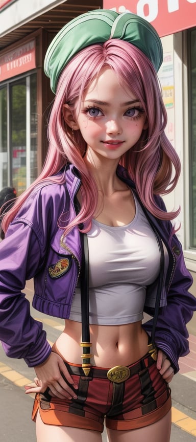 score_9, score_8_up, score_7_up, 1girl, solo, j3welry b0nney, hat, pink hair, long hair, purple eyes, crop top, suspenders, cropped jacket, shorts, looking at viewer, own hand on hip, frown, lipstick, smile, upper body, outdoors 