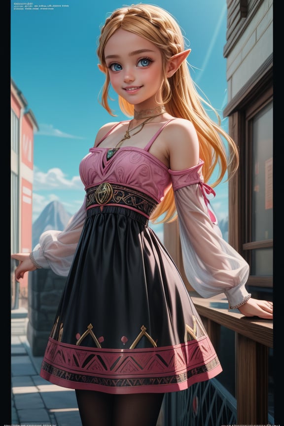 Anime artwork of princess Zelda, (wearing a detailed intricate pink and black dress:1.1), stunning beautiful artwork, Breath of the Wild, 8k retro anime art, vintage 90's anime, akira style, a masterpiece,