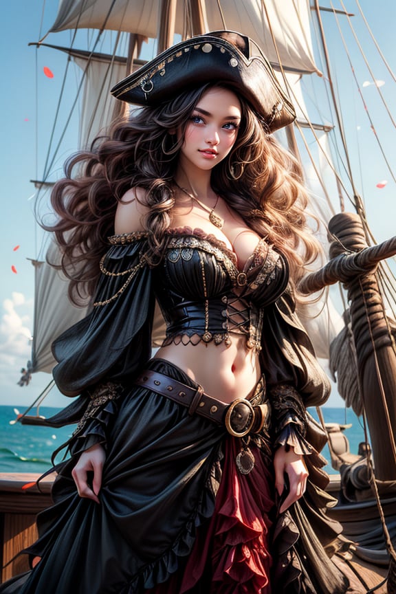 Full body image of a pirate bride with a parrot on her shoulder in manga style, "Esmeralda as pirate queen", huge curly hair, wearing a ruffled skirt, bustier top, smirk, magical, midnight, head and shoulders portrait, intricately detailed eyes, line art