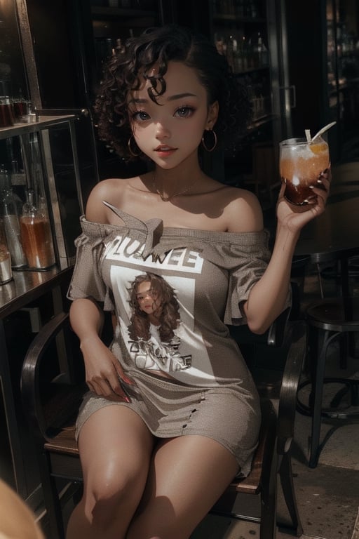 A stunning black model sits down holding one drink,  she is wearing an ((off one shoulder t-shirt as a dress)),  (brown sk...