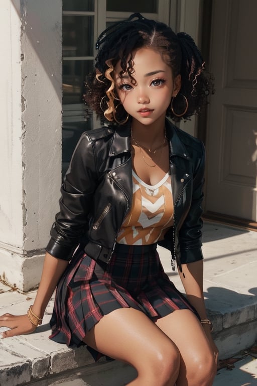 A stunning black model sits on a porch,  she is wearing a pleated plaid skirt and leather bomber jacket with a solid color...