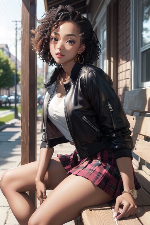 A stunning black model sits on a porch,  she is wearing a pleated plaid skirt and leather bomber jacket with a solid color...