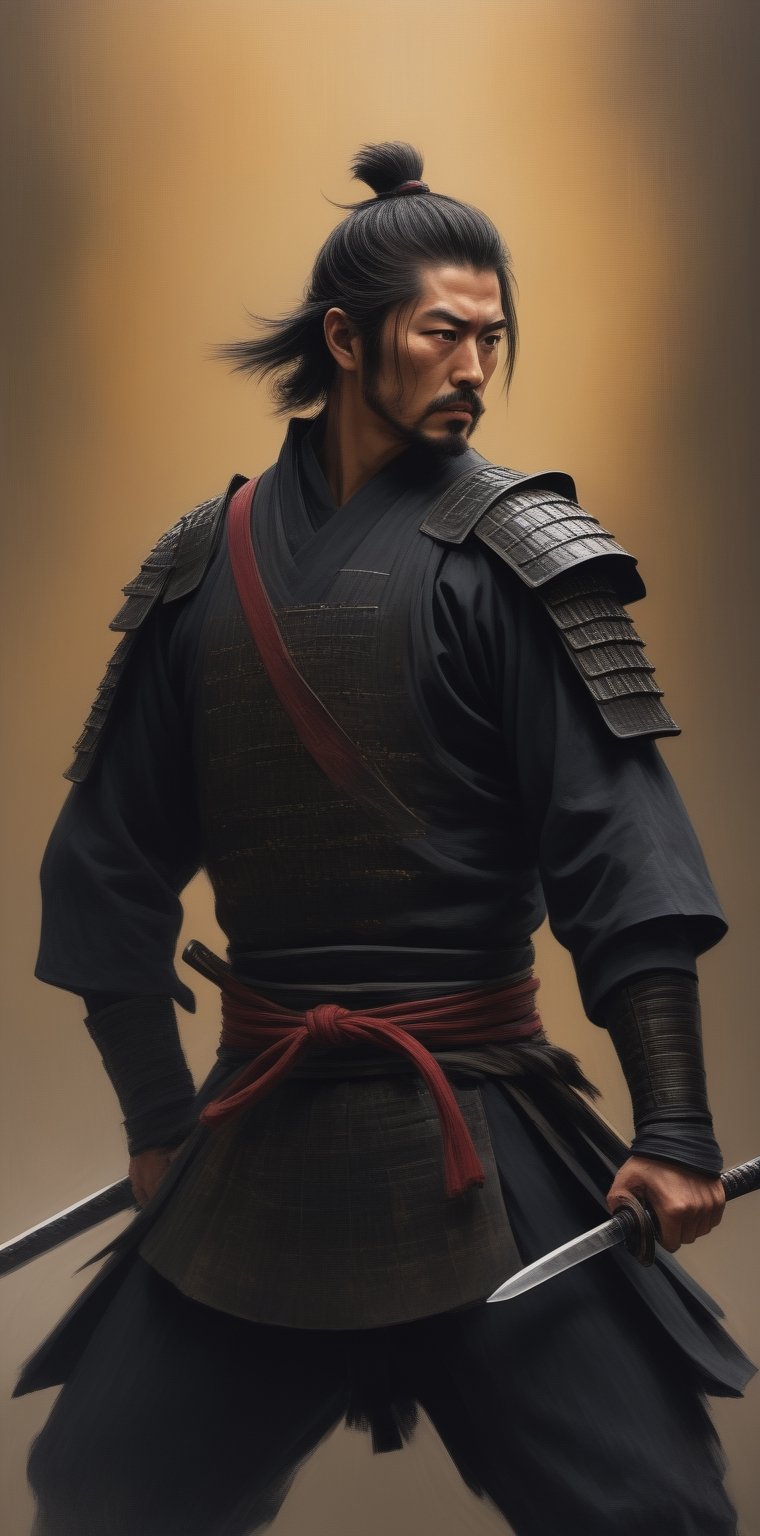 Generate an exceptionally detailed and hyper-realistic masterpiece featuring a remarkably good-looking (Hiroyuki Sanada as Samurai :1.6) on the deadly battlefield, emphasizing the grandeur and beauty of their Katana. Envision the Samurai with striking features, captivating eyes reflecting both intensity and grace, and meticulously groomed hair, all harmonizing to enhance the overall visual appeal.

Zoom in on the Samurai's hands, portraying a firm and controlled grip on an exquisitely crafted Katana. Showcase the intricate details of the sword, highlighting the subtle curvature of the blade, the ornate handguard, and the meticulously adorned hilt. Convey the magnificence of the Katana's craftsmanship, illustrating the play of light and shadow on its polished surface.

Position the Samurai dynamically in the midst of battle, with the Katana drawn and engaged in combat. Capture the swift and precise movements, showcasing the Samurai's mastery in wielding the magnificent blade. Utilize advanced lighting techniques to emphasize the reflections on the Katana's surface, bringing out its size, beauty, and the aura of power it exudes.

Craft the battlefield setting with heightened realism, immersing the viewer in the chaos of war while maintaining a focal point on the Samurai and the splendid Katana. Create an image that not only showcases the attractiveness of the warrior but also elevates the Katana to a central element of awe-inspiring beauty in the detailed and vibrant composition.,Kratos ,<lora:659095807385103906:1.0>