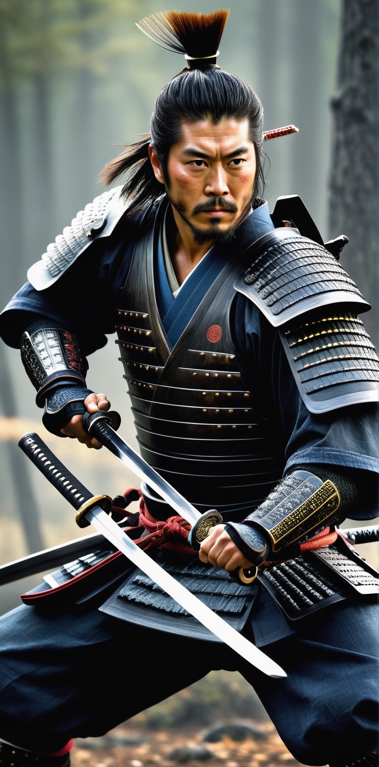 Generate an exceptionally detailed and hyper-realistic masterpiece featuring a remarkably good-looking (Hiroyuki Sanada as Samurai :1.6) on the battlefield, emphasizing the grandeur and beauty of their Katana. Envision the Samurai with striking features, captivating eyes reflecting both intensity and grace, and meticulously groomed hair, all harmonizing to enhance the overall visual appeal.

Zoom in on the Samurai's hands, portraying a firm and controlled grip on an exquisitely crafted Katana. Showcase the intricate details of the sword, highlighting the subtle curvature of the blade, the ornate handguard, and the meticulously adorned hilt. Convey the magnificence of the Katana's craftsmanship, illustrating the play of light and shadow on its polished surface.

Position the Samurai dynamically in the midst of battle, with the Katana drawn and engaged in combat. Capture the swift and precise movements, showcasing the Samurai's mastery in wielding the magnificent blade. Utilize advanced lighting techniques to emphasize the reflections on the Katana's surface, bringing out its size, beauty, and the aura of power it exudes.

Craft the battlefield setting with heightened realism, immersing the viewer in the chaos of war while maintaining a focal point on the Samurai and the splendid Katana. Create an image that not only showcases the attractiveness of the warrior but also elevates the Katana to a central element of awe-inspiring beauty in the detailed and vibrant composition.,Kratos 