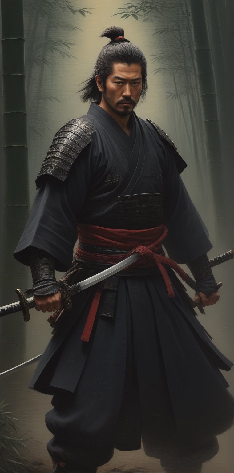 Generate an exceptionally detailed and hyper-realistic masterpiece featuring a remarkably good-looking (Hiroyuki Sanada as Samurai :1.6), (in a dense Bamboo Forest : 1.3) 

emphasizing the grandeur and beauty of their Katana. Envision the Samurai with striking features, captivating eyes reflecting both intensity and grace, and meticulously groomed hair, all harmonizing to enhance the overall visual appeal.

Zoom in on the Samurai's hands, portraying a firm and controlled grip on an exquisitely crafted Katana. Showcase the intricate details of the sword, highlighting the subtle curvature of the blade, the ornate handguard, and the meticulously adorned hilt. Convey the magnificence of the Katana's craftsmanship, illustrating the play of light and shadow on its polished surface.

Position the Samurai dynamically in the midst of battle, with the Katana drawn and engaged in combat. Capture the swift and precise movements, showcasing the Samurai's mastery in wielding the magnificent blade. Utilize advanced lighting techniques to emphasize the reflections on the Katana's surface, bringing out its size, beauty, and the aura of power it exudes.

Craft the battlefield setting with heightened realism, immersing the viewer in the chaos of war while maintaining a focal point on the Samurai and the splendid Katana. Create an image that not only showcases the attractiveness of the warrior but also elevates the Katana to a central element of awe-inspiring beauty in the detailed and vibrant composition.,Kratos ,<lora:659095807385103906:1.0>