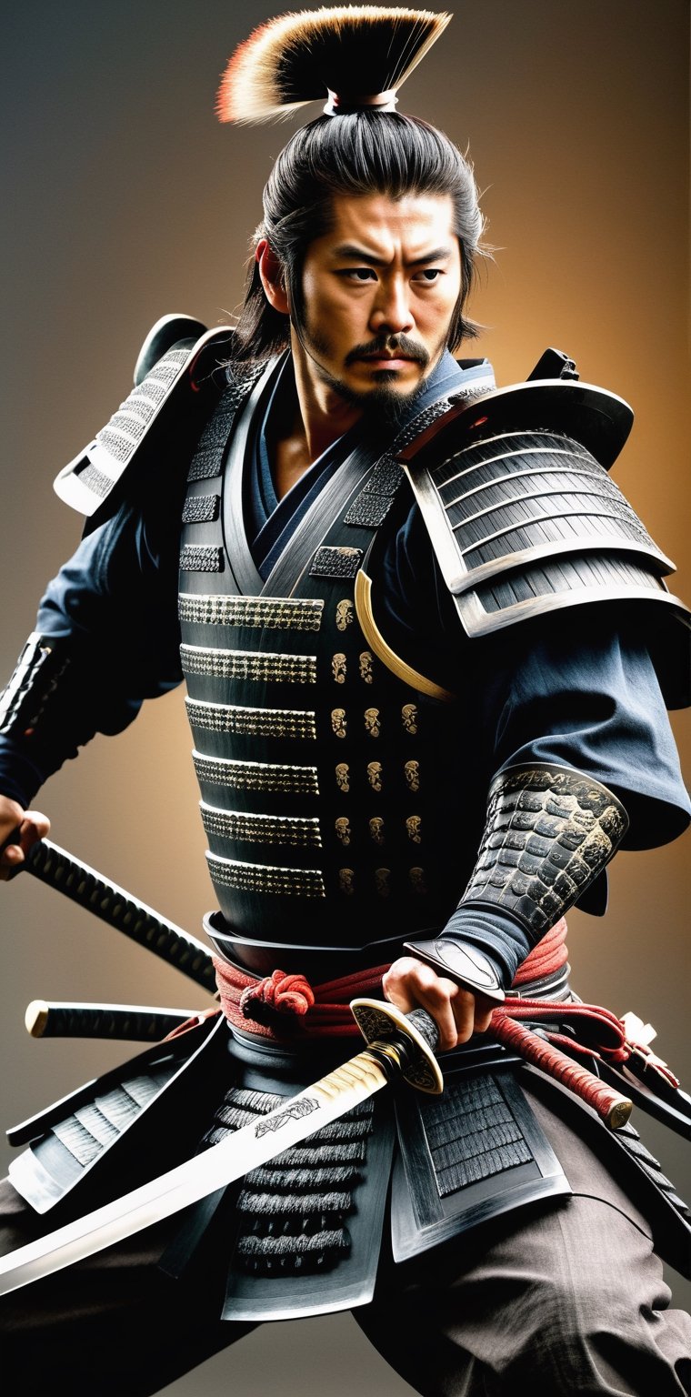 Generate an exceptionally detailed and hyper-realistic masterpiece featuring a remarkably good-looking (Hiroyuki Sanada as Samurai :1.6) on the battlefield, emphasizing the grandeur and beauty of their Katana. Envision the Samurai with striking features, captivating eyes reflecting both intensity and grace, and meticulously groomed hair, all harmonizing to enhance the overall visual appeal.

Zoom in on the Samurai's hands, portraying a firm and controlled grip on an exquisitely crafted Katana. Showcase the intricate details of the sword, highlighting the subtle curvature of the blade, the ornate handguard, and the meticulously adorned hilt. Convey the magnificence of the Katana's craftsmanship, illustrating the play of light and shadow on its polished surface.

Position the Samurai dynamically in the midst of battle, with the Katana drawn and engaged in combat. Capture the swift and precise movements, showcasing the Samurai's mastery in wielding the magnificent blade. Utilize advanced lighting techniques to emphasize the reflections on the Katana's surface, bringing out its size, beauty, and the aura of power it exudes.

Craft the battlefield setting with heightened realism, immersing the viewer in the chaos of war while maintaining a focal point on the Samurai and the splendid Katana. Create an image that not only showcases the attractiveness of the warrior but also elevates the Katana to a central element of awe-inspiring beauty in the detailed and vibrant composition.,Kratos 