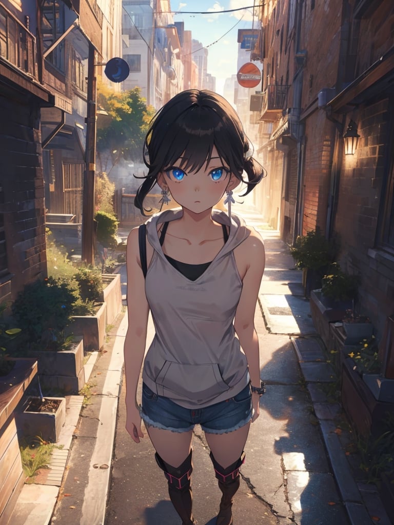 (masterpiece, best quality),(colored background) (finely detailed beautiful eyes),details, (extremely detailed CG unity 8k wallpaper, masterpiece, best quality, ultra-detailed, best shadow), (detailed background), (beautiful detailed face, beautiful detailed eyes), High contrast, (best illumination, an extremely delicate and beautiful), stunning beautiful, (loli), black_hair, eyeshadow, earrings, tank_top, hoodie, denim_shorts, boots, night, punk