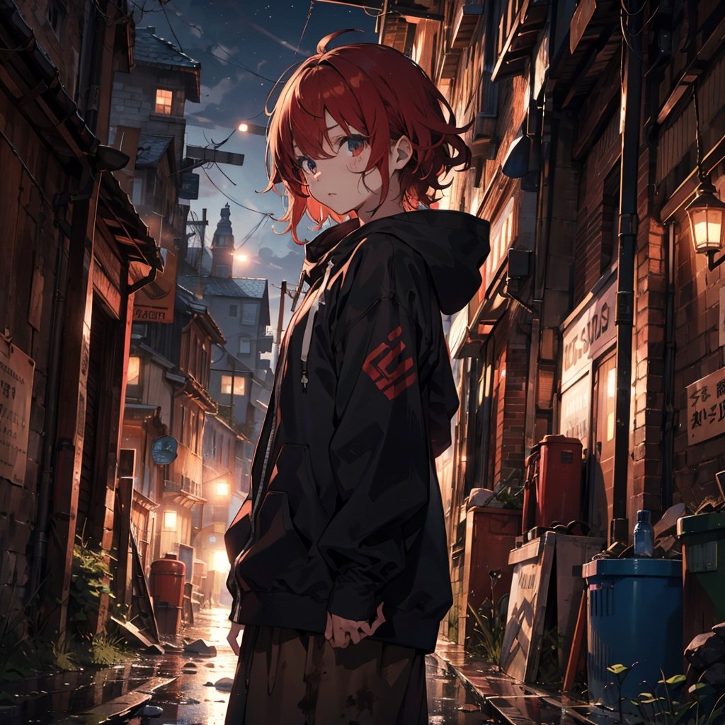 red_hair, little_girl, warrior, rusty_outfit, old_clothing, messy_hair, dirty, night, hood, solo_focus, medieval
