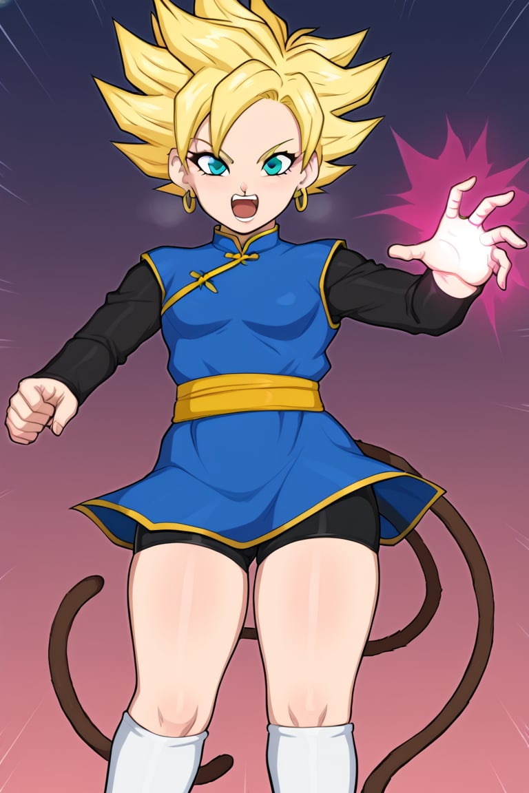 1girl, solo, blonde hair, tail, aqua eyes, open mouth, monkey tail, looking at viewer, energy ball, incoming attack, foreshortening, white_thighhighs, bike_shorts, teeth, shirt, fighting stance, sash, thicc_thighs, NSFW, metal owl,Viola,swept bangs,short hair,china dress,pelvic curtain,long sleeves,black shirt,hoop earrings, super saiyan, spiked hair