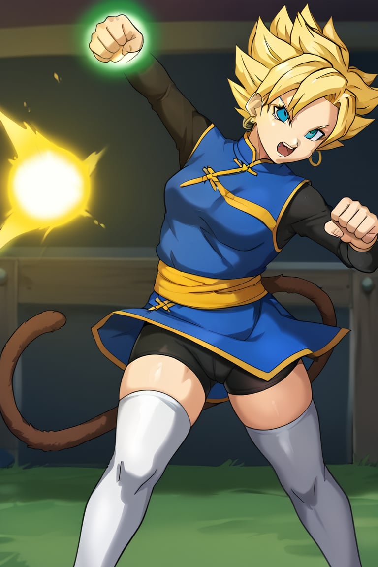 1girl, solo, blonde hair, tail, aqua eyes, open mouth, monkey tail, looking at viewer, energy ball, incoming attack, foreshortening, white_thighhighs, bike_shorts, teeth, shirt, fighting stance, sash, thicc_thighs, NSFW, metal owl,Viola,swept bangs,short hair,china dress,pelvic curtain,long sleeves,black shirt,hoop earrings, super saiyan, spiked hair