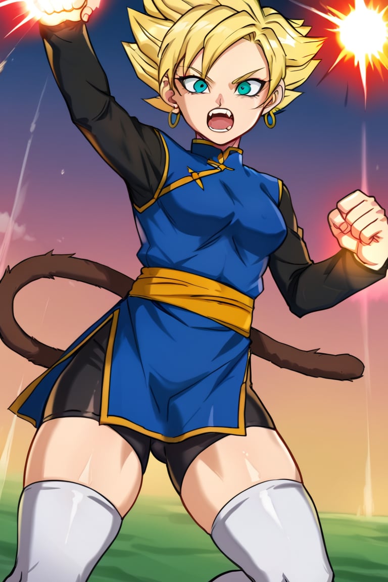 1girl, solo, blonde hair, tail, aqua eyes, open mouth, monkey tail, looking at viewer, energy ball, incoming attack, foreshortening, white_thighhighs, bike_shorts, teeth, shirt, fighting stance, sash, thicc_thighs, NSFW, metal owl,Viola,swept bangs,short hair,china dress,pelvic curtain,long sleeves,black shirt,hoop earrings, super saiyan, spiked hair,ratatatat74 artstyle