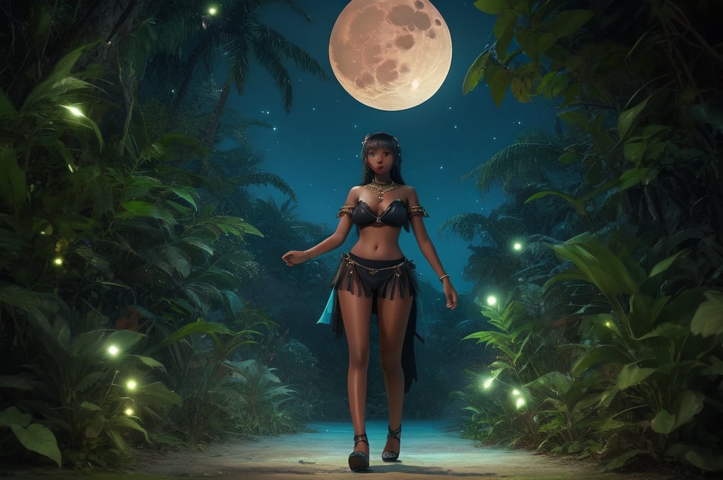 woman looking at the moon, 20 years, jungle, teenager, jewelery, aqua_eyes, dark_skin_female, light_particles, fullbody shot, big full moon